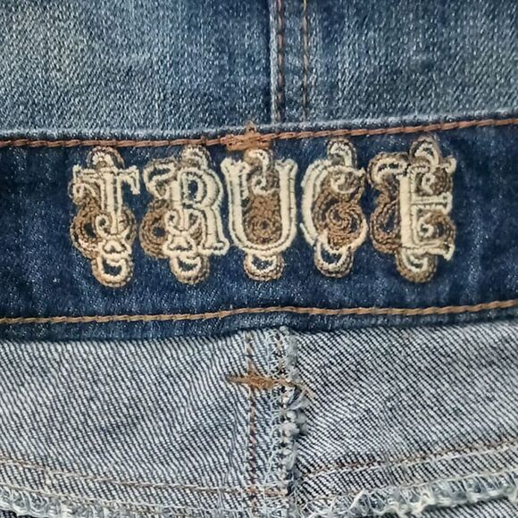 Vintage Truce Distressed Dark Wash Bejeweled Denim Y2K Jean Mini Skirt Sz 0 - Picture 3 of 8